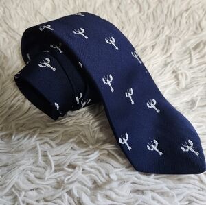 Vintage LL‎ Bean Freeport Maine Navy Blue White Lobster Print Tie Preppy Coastal